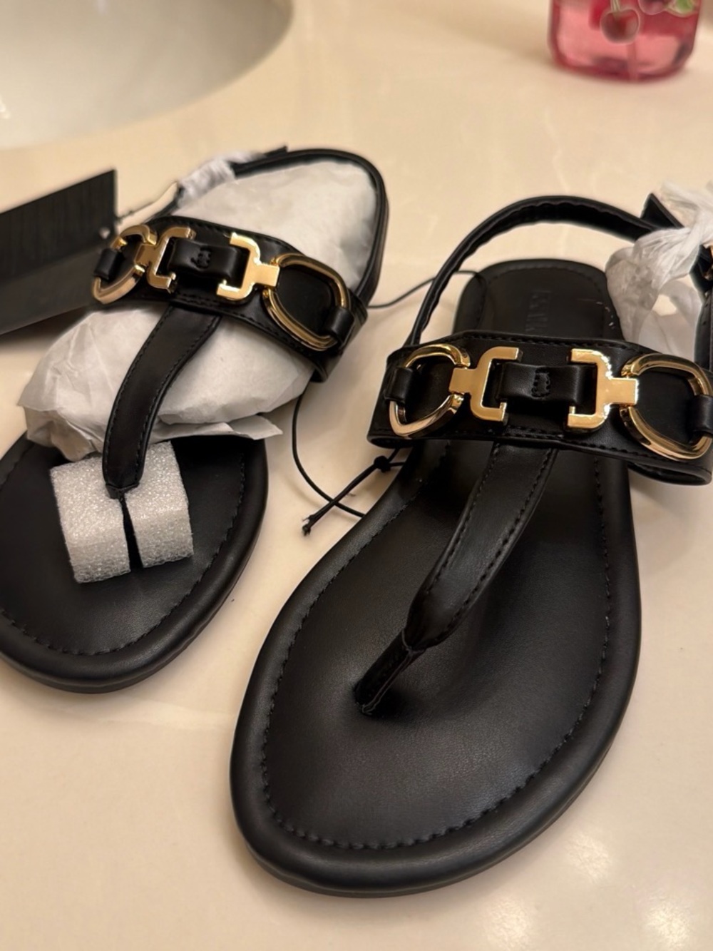 Forever 21 Black Thong Sandals with Gold Chain Detail